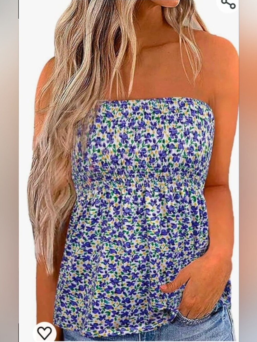 Womens Strapless Bandeau Tank Tops Tube Tops Floral Tanks Smocked Ruffle